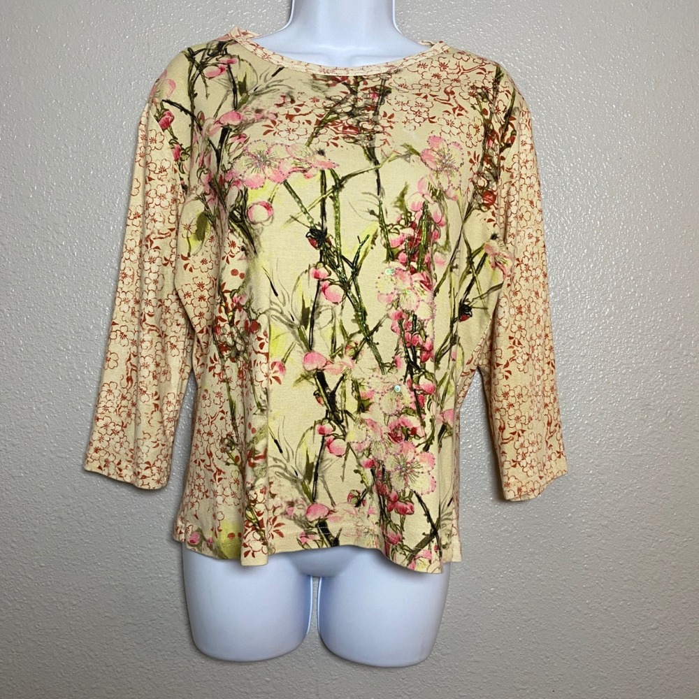 Y2K 3/4 Sleeve Top Large 100% Cotton Beaded 2000s Fairycore Fairy Grunge Boho